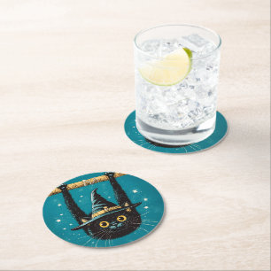 Spooky Flying Black Cat Hexe Runder Pappuntersetzer