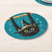 Spooky Flying Black Cat Hexe Runder Pappuntersetzer (Angewinkelt)