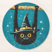 Spooky Flying Black Cat Hexe Runder Pappuntersetzer (Vorderseite)