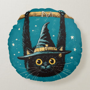Spooky Flying Black Cat Hexe Rundes Kissen