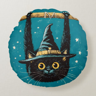 Spooky Flying Black Cat Hexe Rundes Kissen