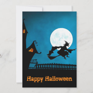 Spooky Flying Hexe: Bold Black and Blue Halloween Einladung