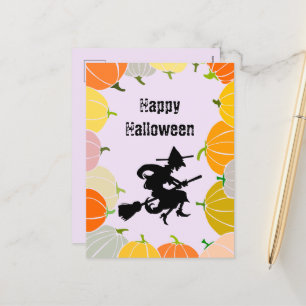 Spooky Flying Witch's Orange Pumpkins Feiertagspostkarte