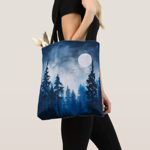 Spooky Forest Full Moon Blue und White Halloween Tasche