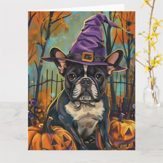 Spooky Französisch Bulldog Halloween Hexe und Kürb Karte (Gelbe Blume)