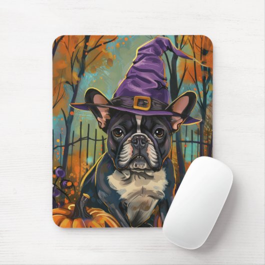 Spooky Französisch Bulldog Halloween Hexe und Kürb Mousepad (Mit Mouse)
