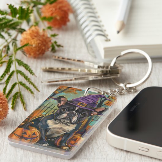Spooky Französisch Bulldog Halloween Hexe und Kürb Schlüsselanhänger (Vorderseite rechts)
