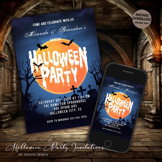 Spooky Full Moon Bats & Graveyard Halloween-Party Einladung