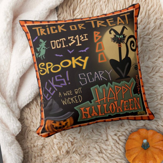 Spooky Fun Niedlich Halloween Black Cat Pumpkin Kissen (Fun Halloween pillow by Inspirivity)
