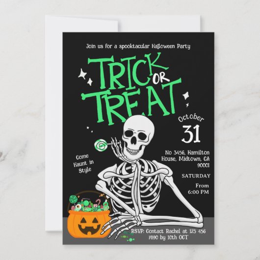 Spooky fun Skeleton Trick-oder-Leckerei-Halloween- Einladung (Vorderseite)