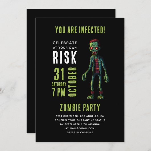 Spooky Funny Zombie Halloween-Party | Black Grunge Einladung (Vorne/Hinten)