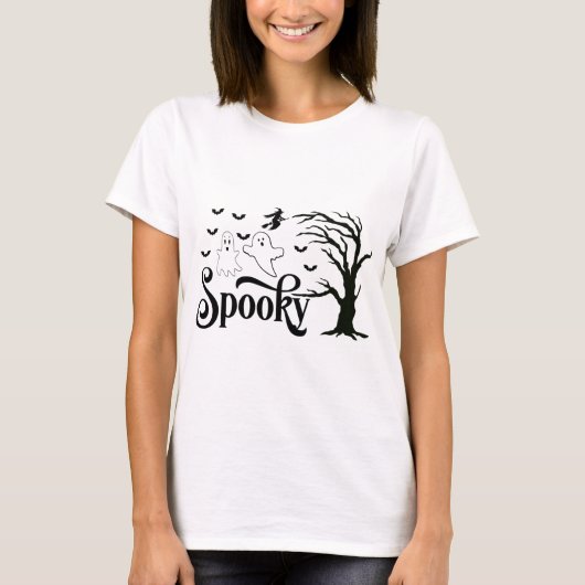 Spooky Geister Tree Birds Hexe auf Broom Halloween T-Shirt (Vorderseite)