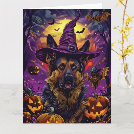 Spooky German Shepherd Halloween Hexenkürbis Karte (Gelbe Blume)