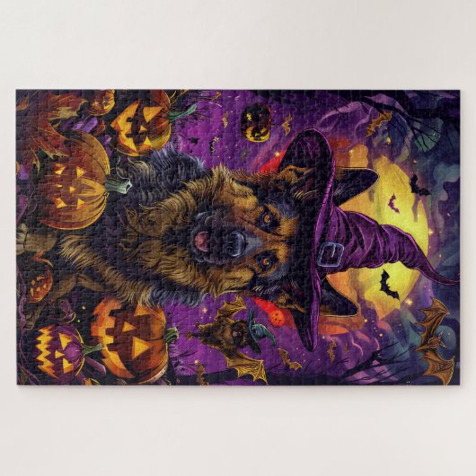 Spooky German Shepherd Halloween Hexenkürbis Puzzle (Horizontal)
