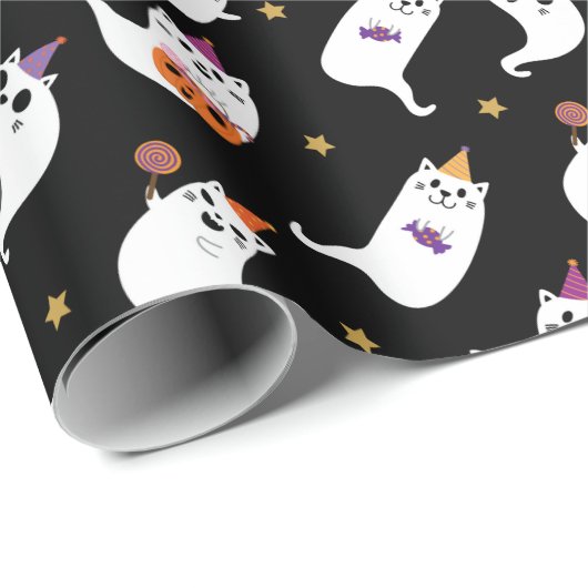 Spooky Ghost Cat Trick oder Behandeln Wrapping Pap Geschenkpapier (Rolleneckpunkt)