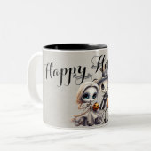 Spooky Ghost Doll und Skeleton Halloween Zweifarbige Tasse (Vorderseite Links)