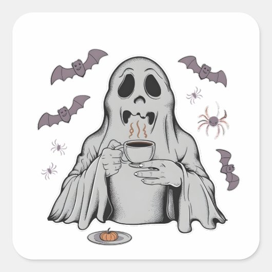 Spooky Ghost Drink Kaffee Koffein Halloween Quadratischer Aufkleber (Vorderseite)