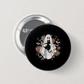 Spooky Ghost Holding Black Cat Groovy Floral Hallo Button (Vorne & Hinten)