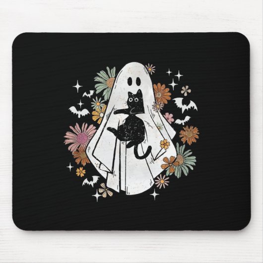 Spooky Ghost Holding Black Cat Groovy Floral Hallo Mousepad (Vorne)