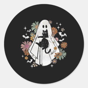 Spooky Ghost Holding Black Cat Groovy Floral Hallo Runder Aufkleber