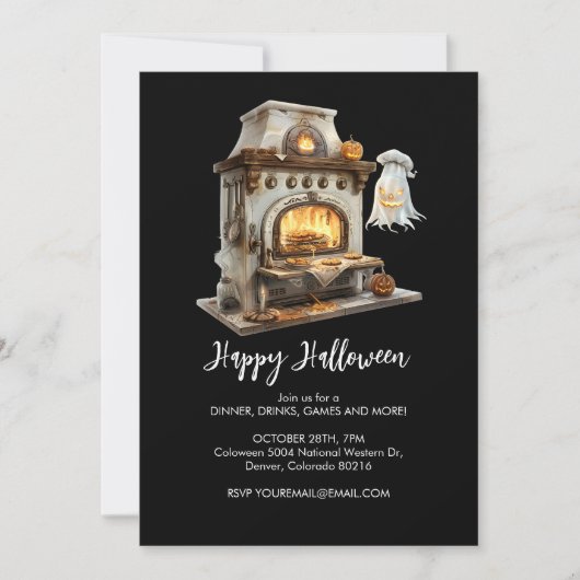 Spooky Ghost Koch mit antikem Ofen, Halloween Einladung (Vorderseite)