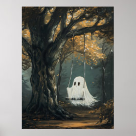 Spooky Ghost on Swing Halloween Autumn Forest Poster