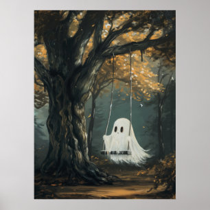 Spooky Ghost on Swing Halloween Autumn Forest Poster