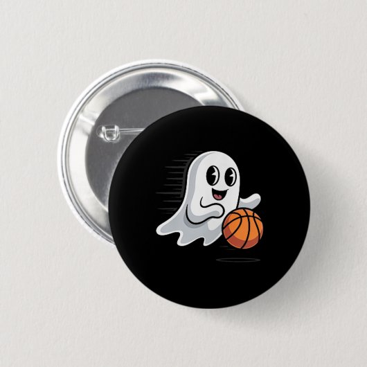 Spooky Ghost Playing Basketball Retro Halloween Co Button (Vorne & Hinten)