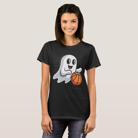 Spooky Ghost Playing Basketball Retro Halloween Co T-Shirt (Vorne ganz)