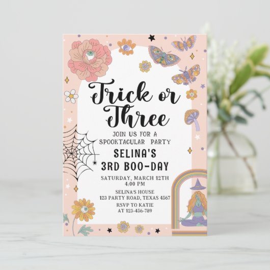 Spooky Ghost Trick oder Drei Halloween 3. Geburtst Einladung (Stehend Vorderseite)