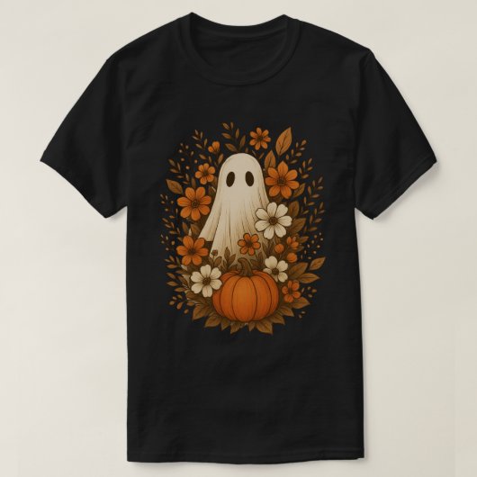 Spooky Ghost umgeben von Autumn Florals Pumpkin T-Shirt (Design vorne)