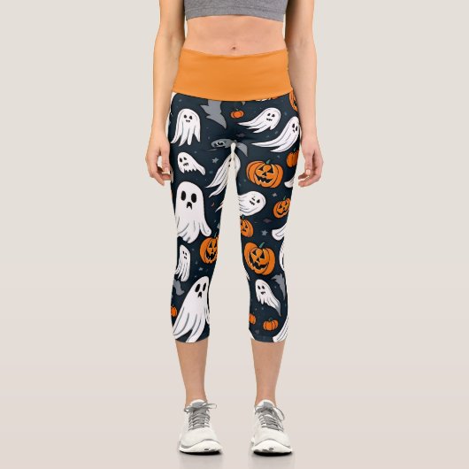 Spooky Ghost und Pumpkin Halloween Capri Leggings (Vorderseite)