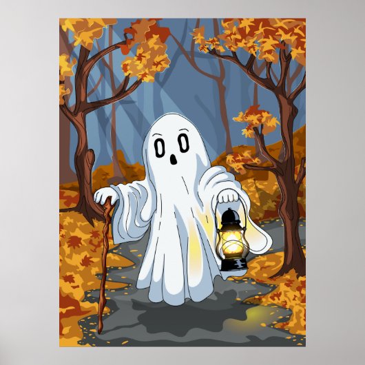 Spooky Ghost with Lantern in Autumn Forest Poster (Vorne)