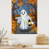 Spooky Ghost with Lantern in Autumn Forest Poster (Küche)