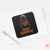 Spooky Ghost with Pumpkin – Happy Halloween Quadratischer Aufkleber (Umschlag)
