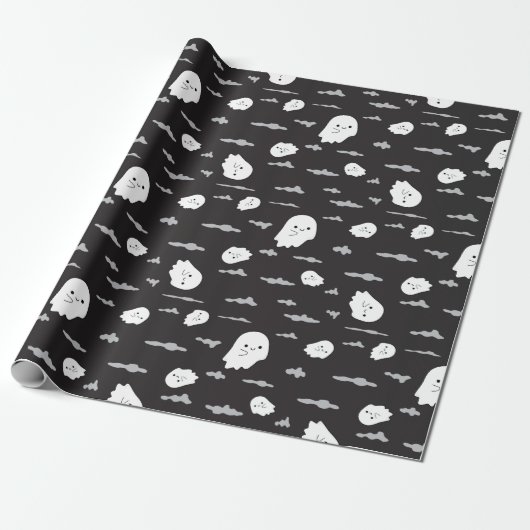 Spooky Ghosts and Clouds Black Wrapping Paper Geschenkpapier (Ungerollt)