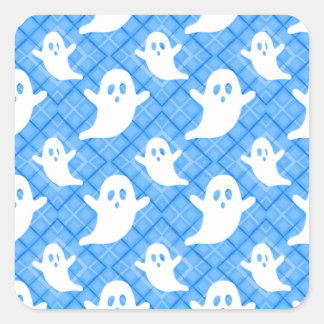 Spooky Ghosts on Blue Kariert Quadratischer Aufkleber