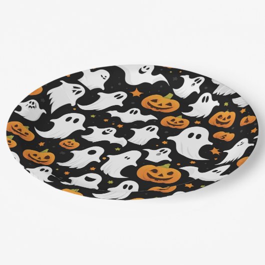 Spooky Ghosts Pumpkins Black Halloween Paper Plate Pappteller (Schrägansicht)