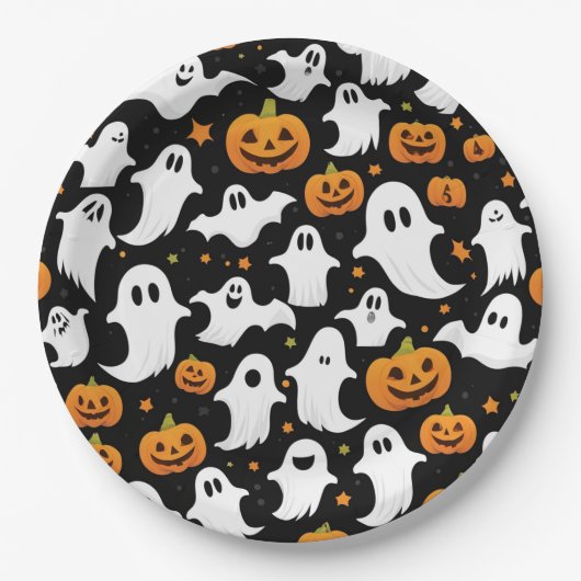 Spooky Ghosts Pumpkins Black Halloween Paper Plate Pappteller (Vorderseite)