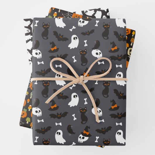 Spooky Ghosts Pumpkins Skulls Halloween Patterns Geschenkpapier Set (Beispiel)