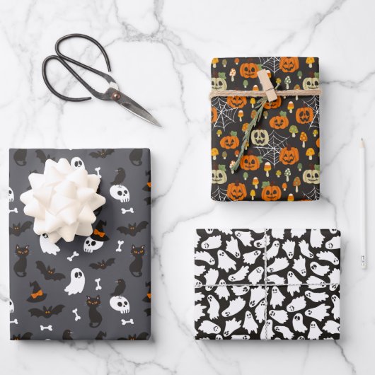 Spooky Ghosts Pumpkins Skulls Halloween Patterns Geschenkpapier Set (Vorderseite)