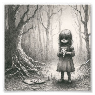 Spooky Girl mit Pizza Horror Creepy Illustration Fotodruck