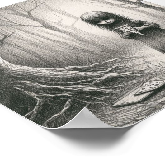 Spooky Girl mit Pizza Horror Creepy Illustration Poster (Ecke)