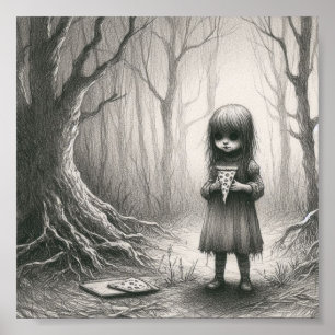 Spooky Girl mit Pizza Horror Creepy Illustration Poster