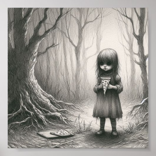 Spooky Girl mit Pizza Horror Creepy Illustration Poster (Vorne)