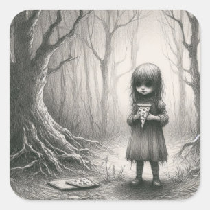 Spooky Girl mit Pizza Horror Creepy Illustration Quadratischer Aufkleber