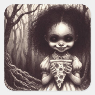 Spooky Girl mit Pizza Horror Creepy Illustration Quadratischer Aufkleber