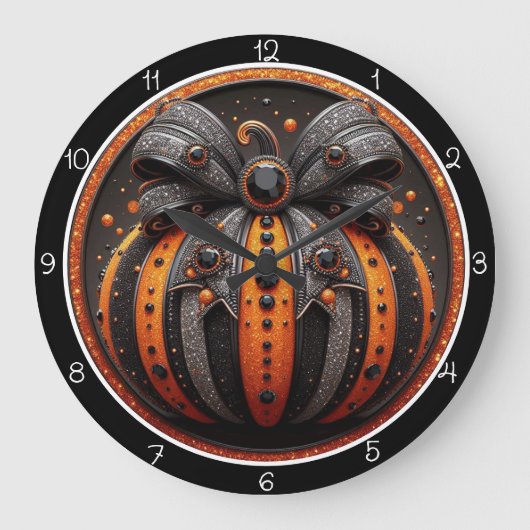 Spooky Glitter Bow Pumpkin Große Wanduhr (Vorderseite)