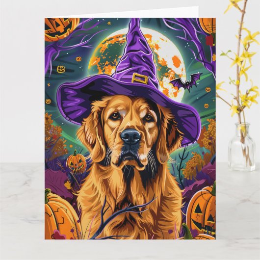 Spooky Golden Retriever Halloween Hexenkürbis Karte (Gelbe Blume)