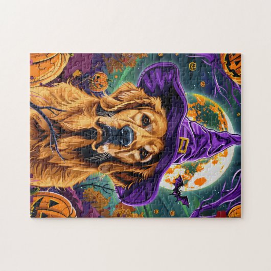 Spooky Golden Retriever Halloween Hexenkürbis Puzzle (Horizontal)